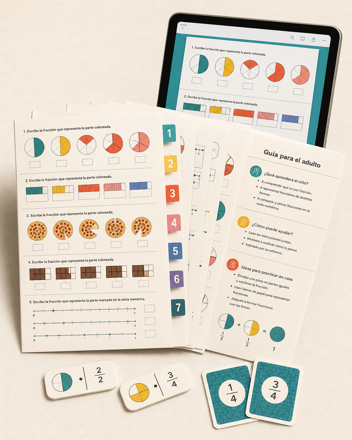Kit Fracciones Paso a Paso: hojas impresas, tablet con el PDF y fichas de juego