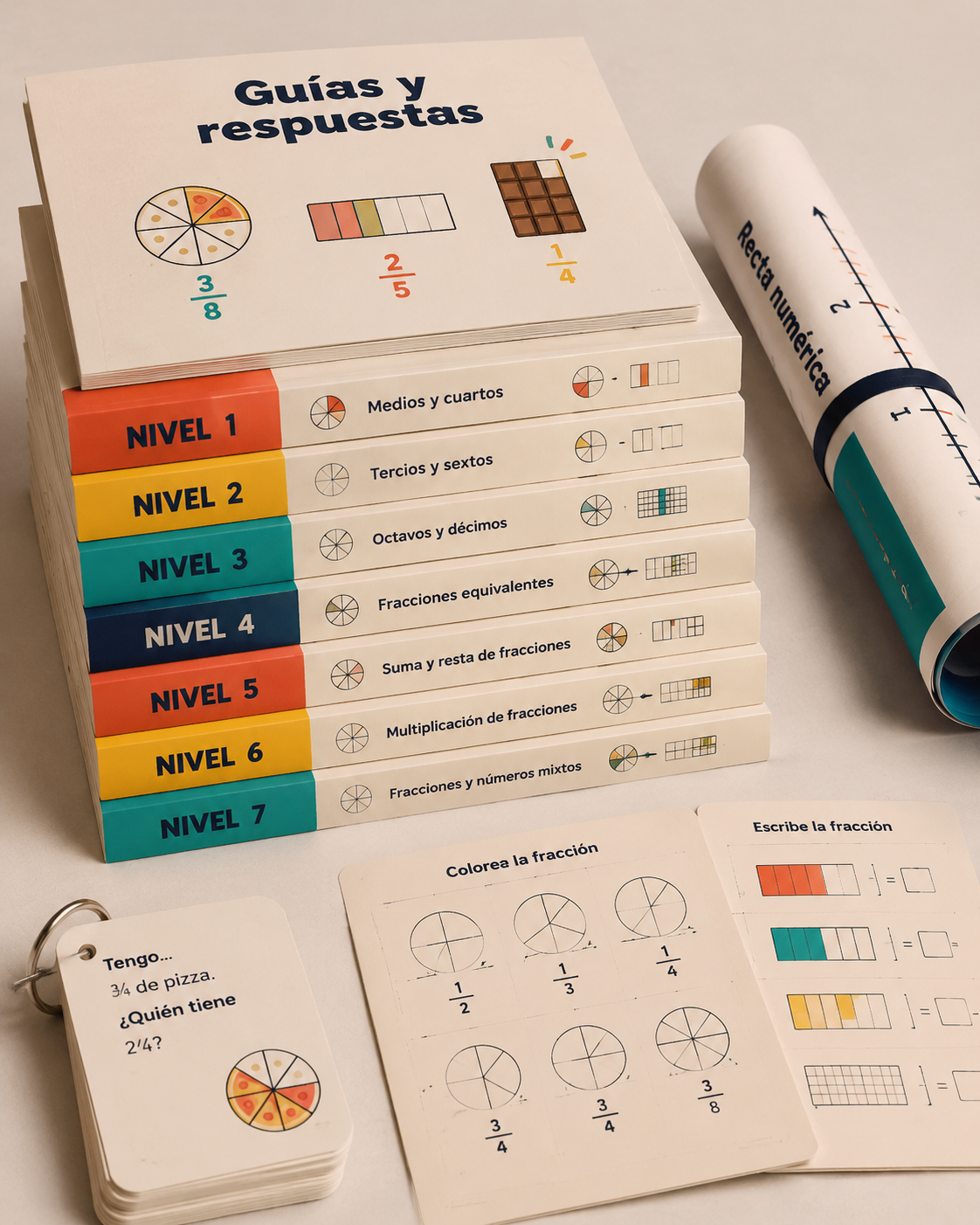 Los 7 cuadernillos del kit apilados